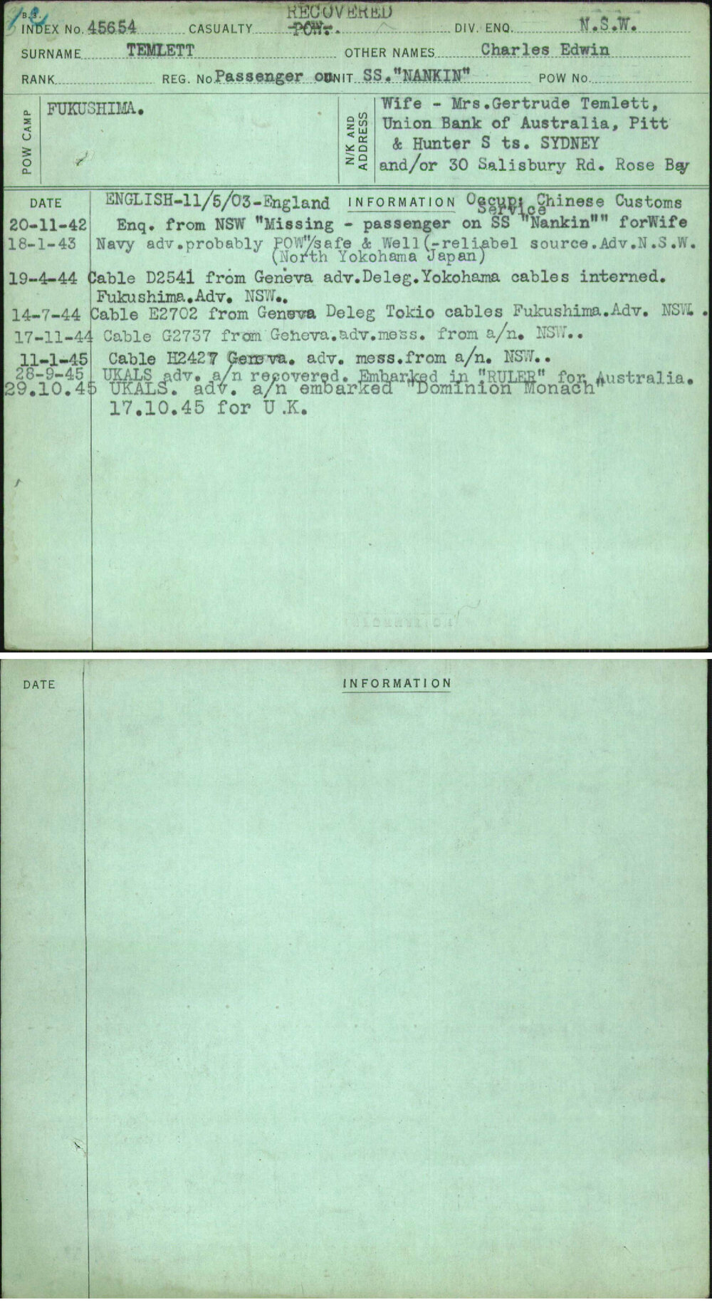 Temlett, Charles Edwin, [No Service Number]
