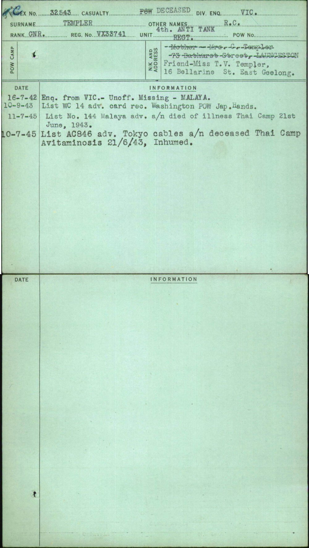 Templer, R C, VX33741