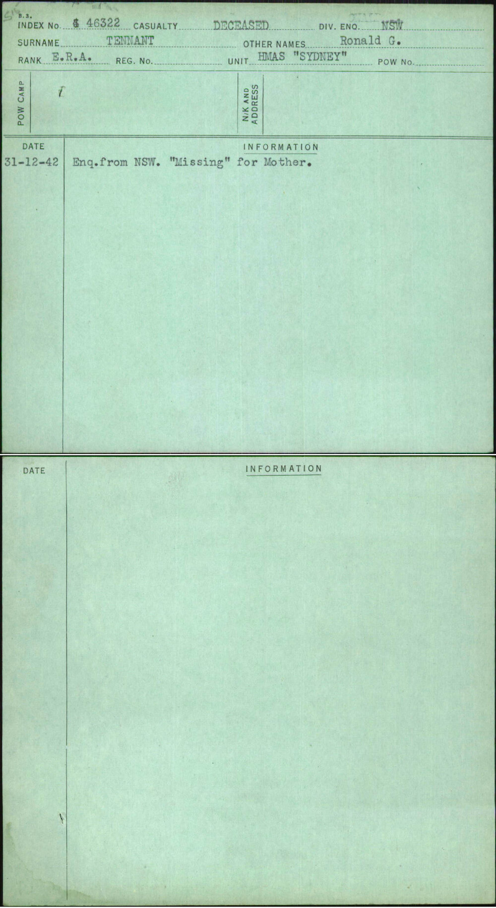Tennant, Ronald G, [No Service Number]