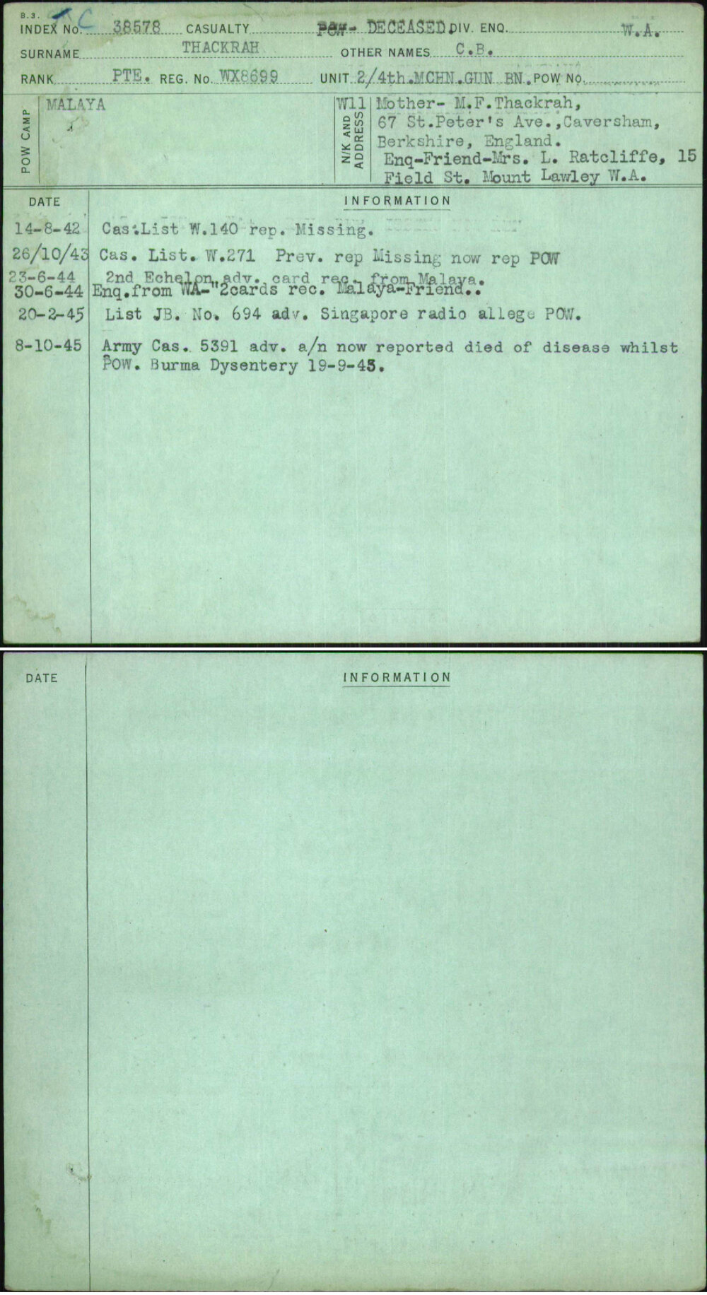 Thackrah, C B, WX8699