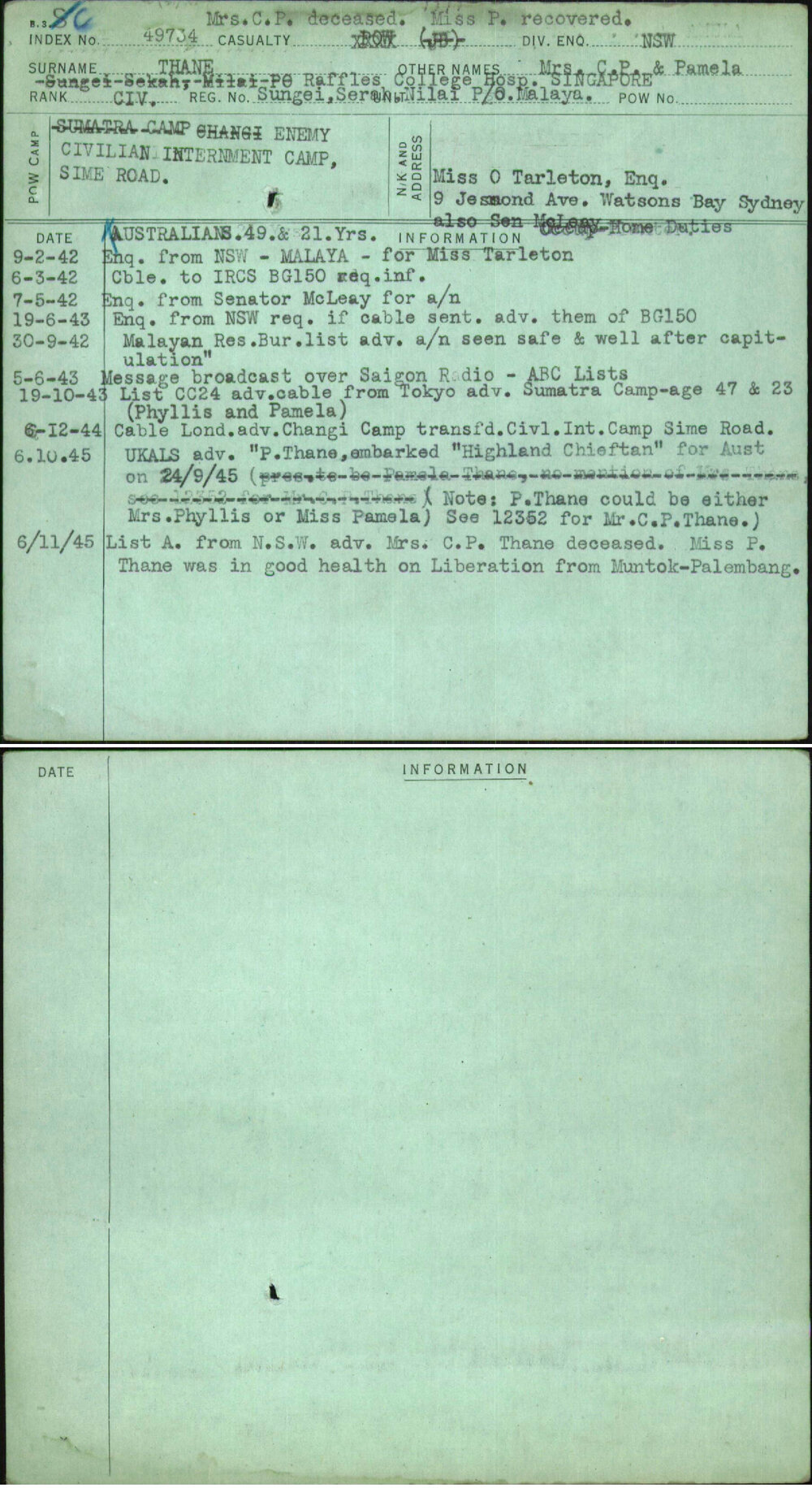 Thane, Mrs C P &amp; Pamela, [No Service Number]