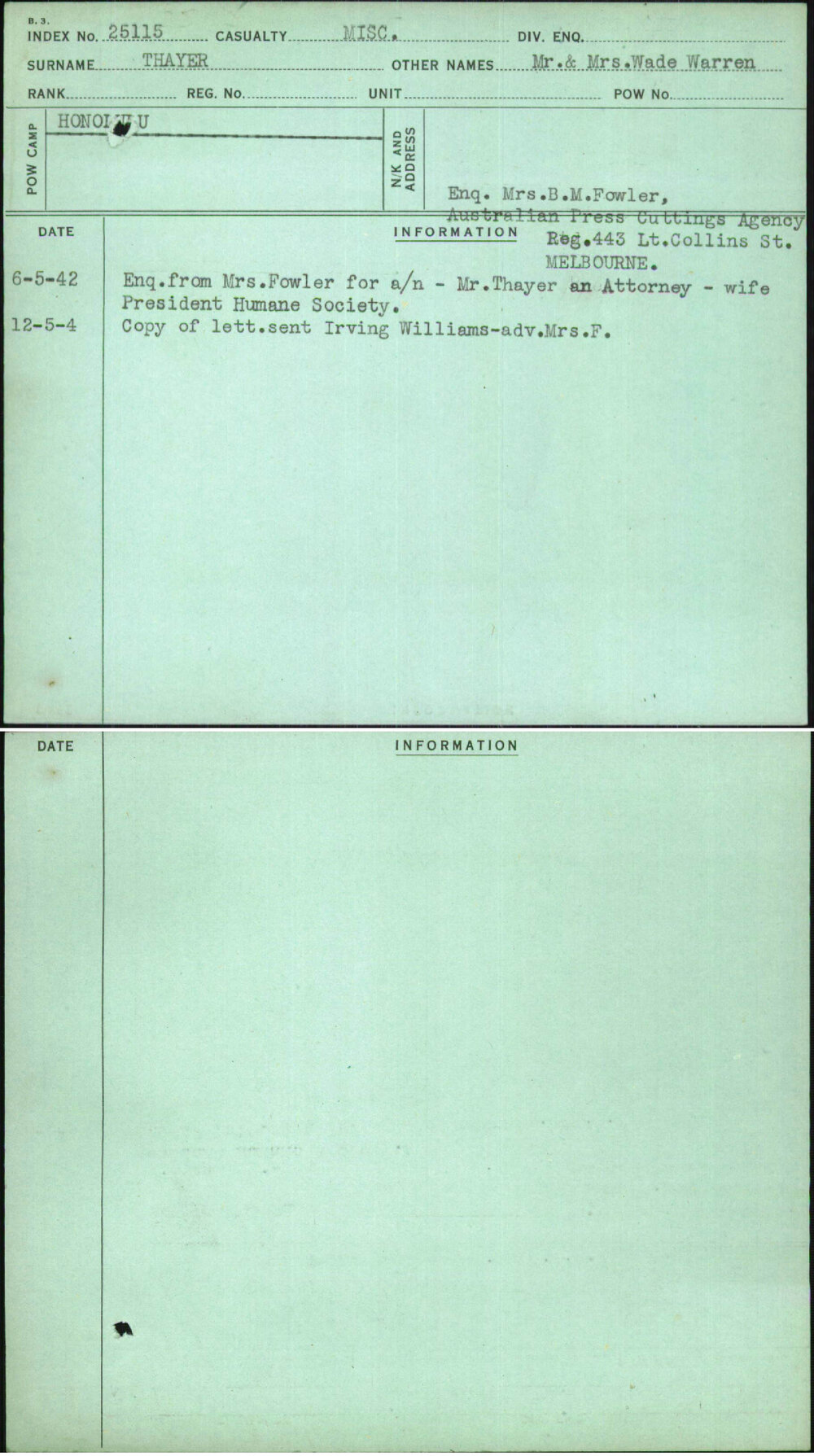 Thayer, Mr &amp; Mrs Wade Warren, [No Service Number]