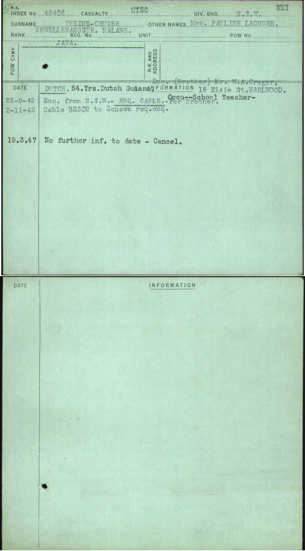 Theime-Cruger, Mrs Pauline Leonore, [No Service Number]