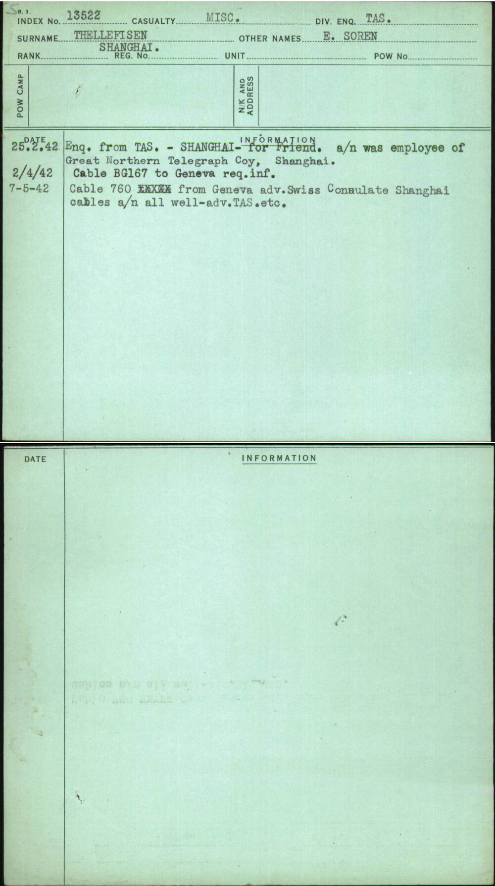 Thellefisen, E Soren, [No Service Number]