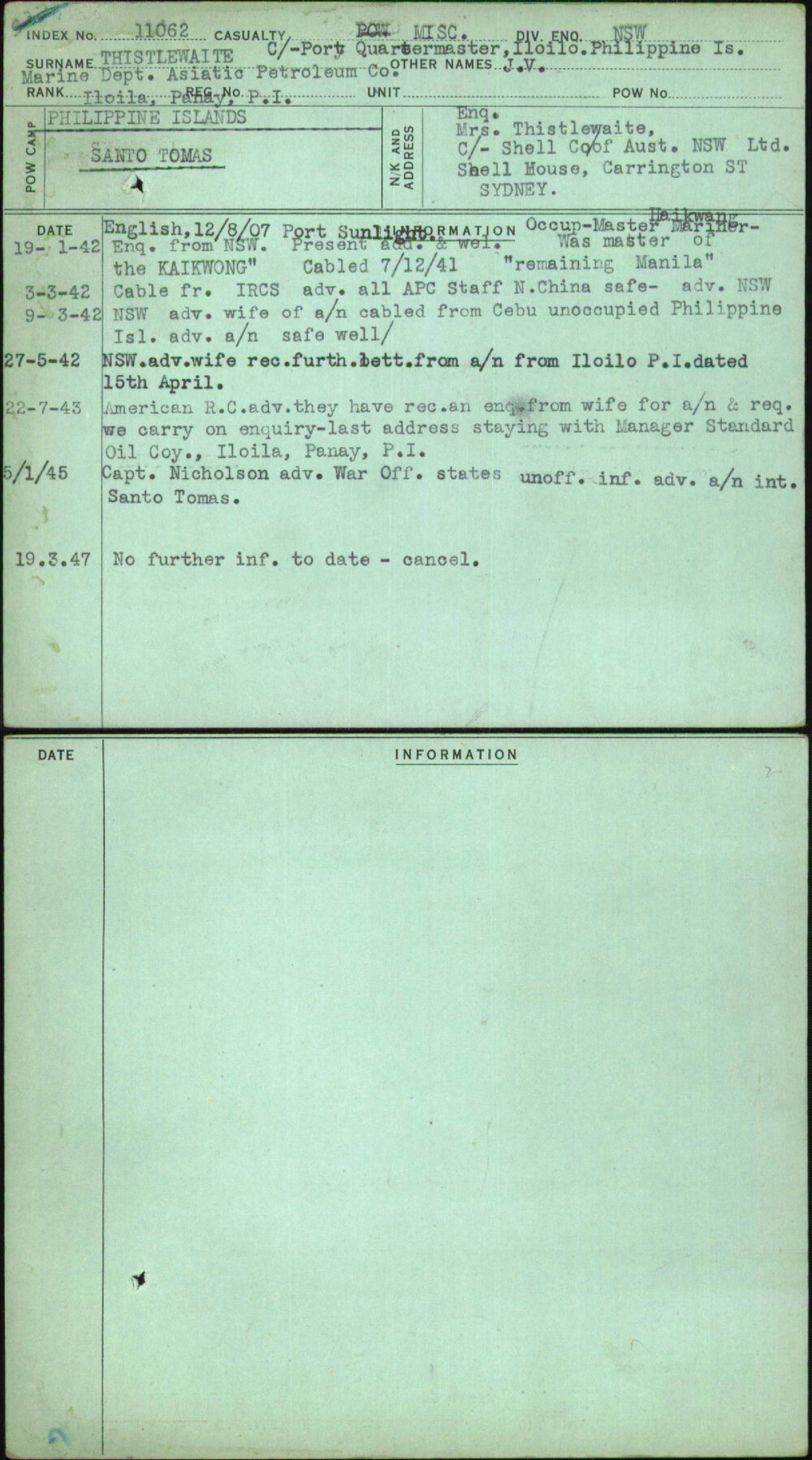 Thistlewaite, J V, [No Service Number]