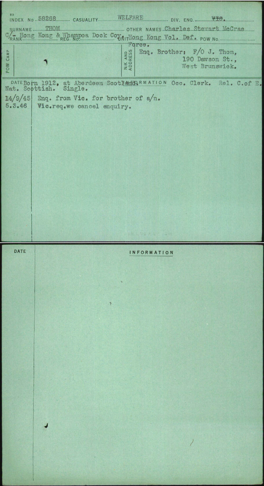 Thom, Charles Stewart Mccrae, [No Service Number]