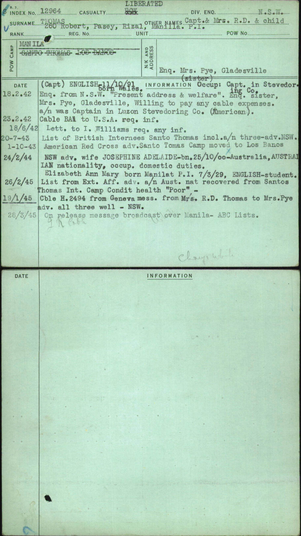 Thomas, Capt &amp; Mrs R D &amp; Child, [No Service Number]