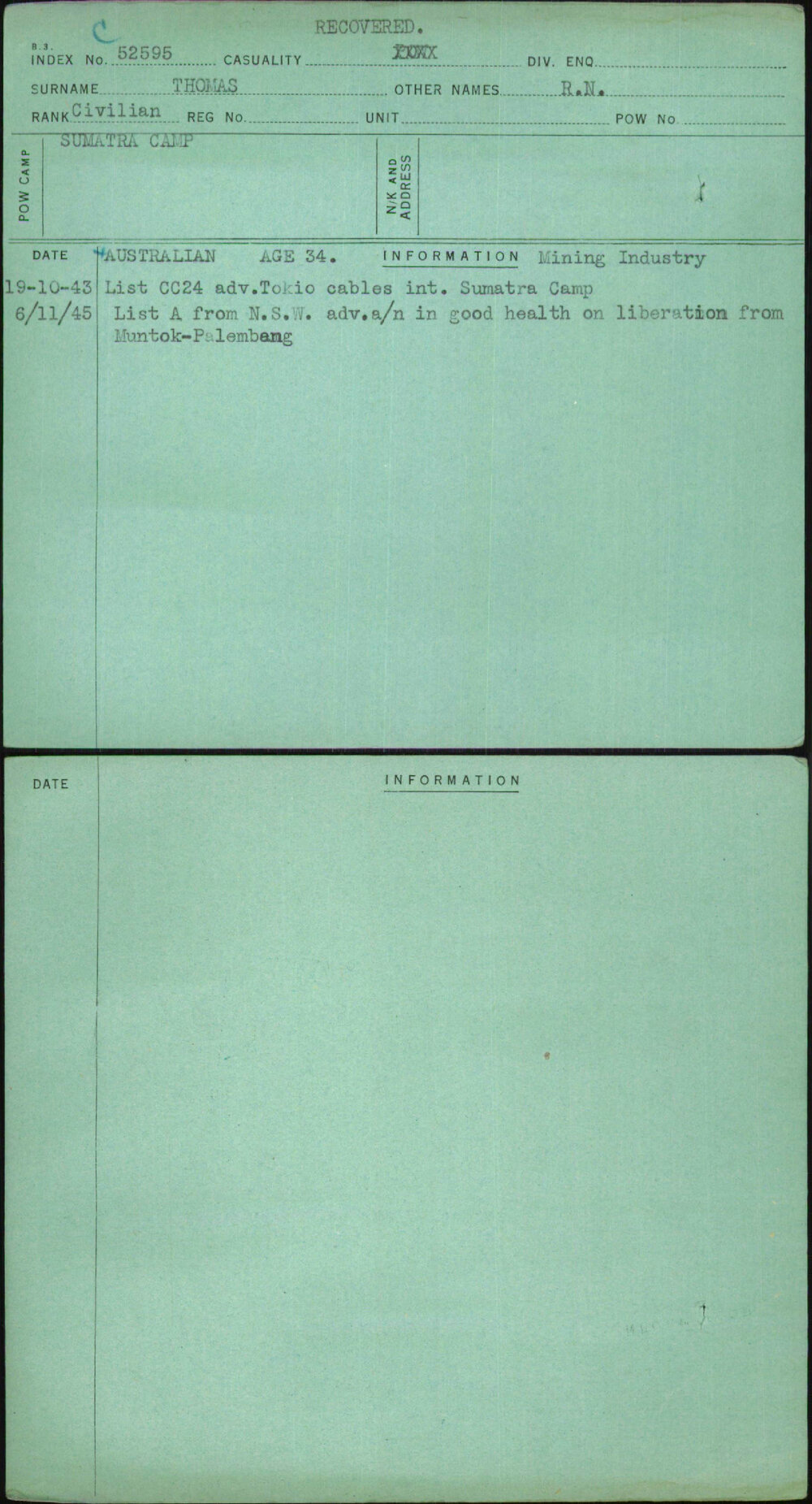 Thomas, R N, [No Service Number]