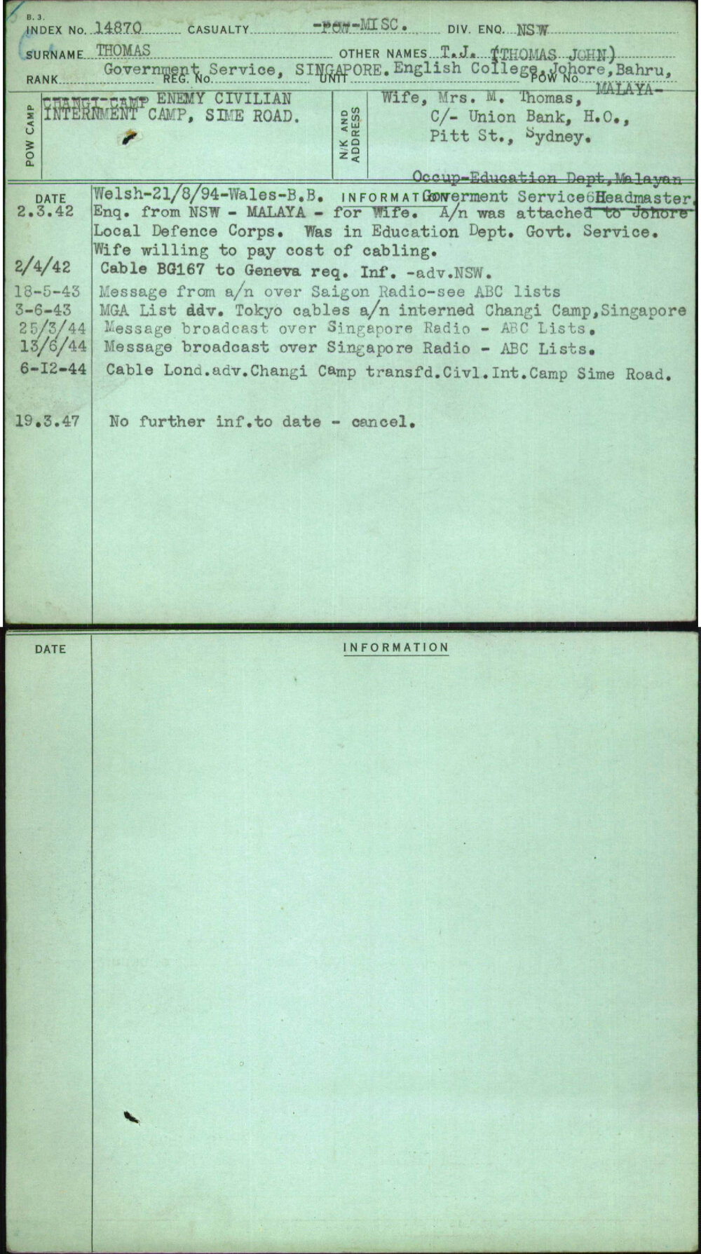 Thomas, T J (Thomas John), [No Service Number]