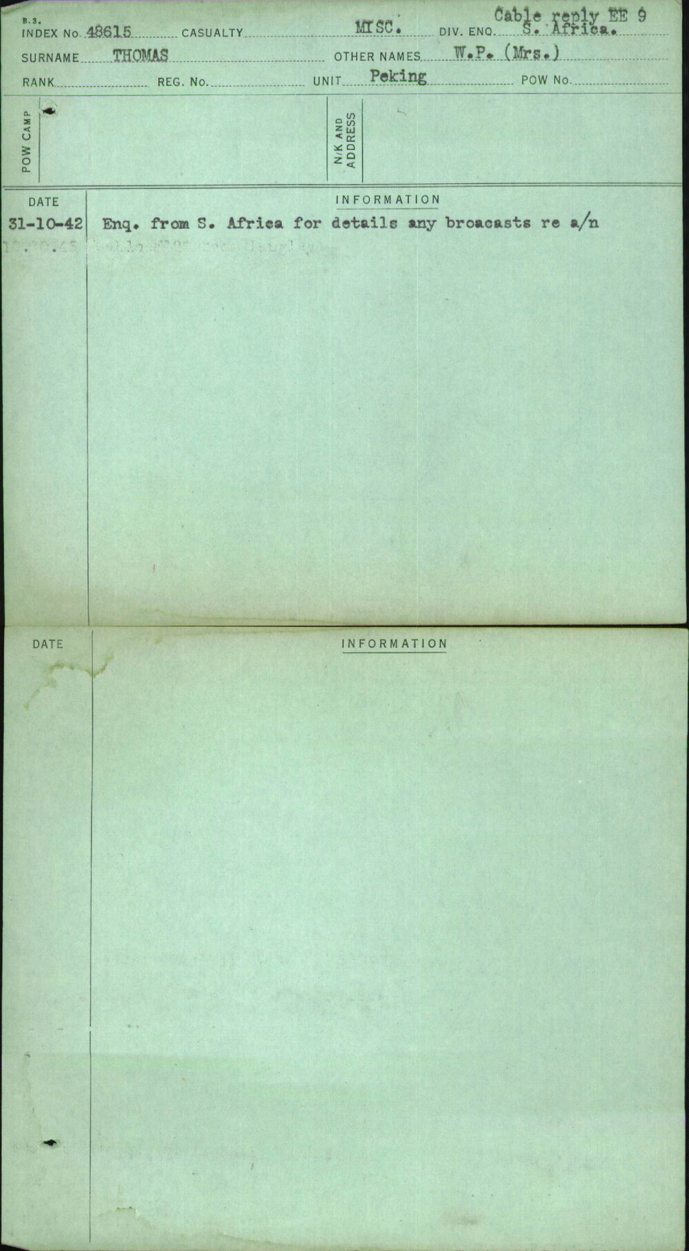 Thomas, W P (Mrs), [No Service Number]