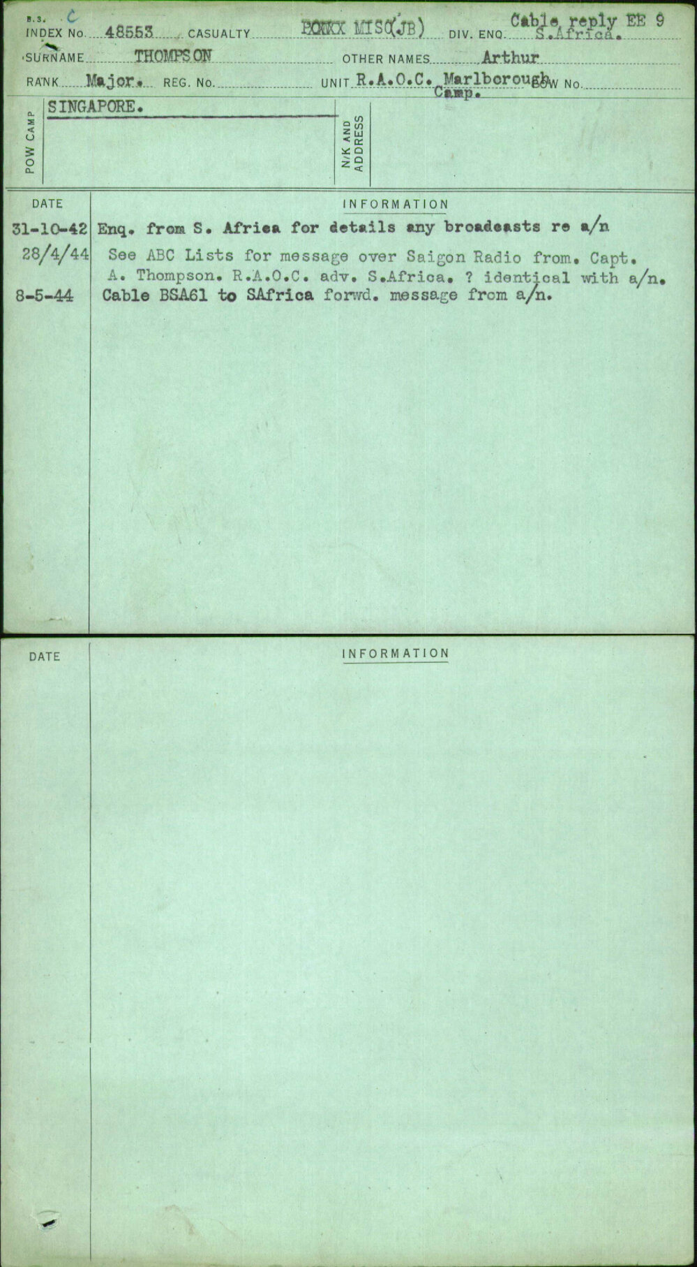 Thompson, Arthur, [No Service Number]