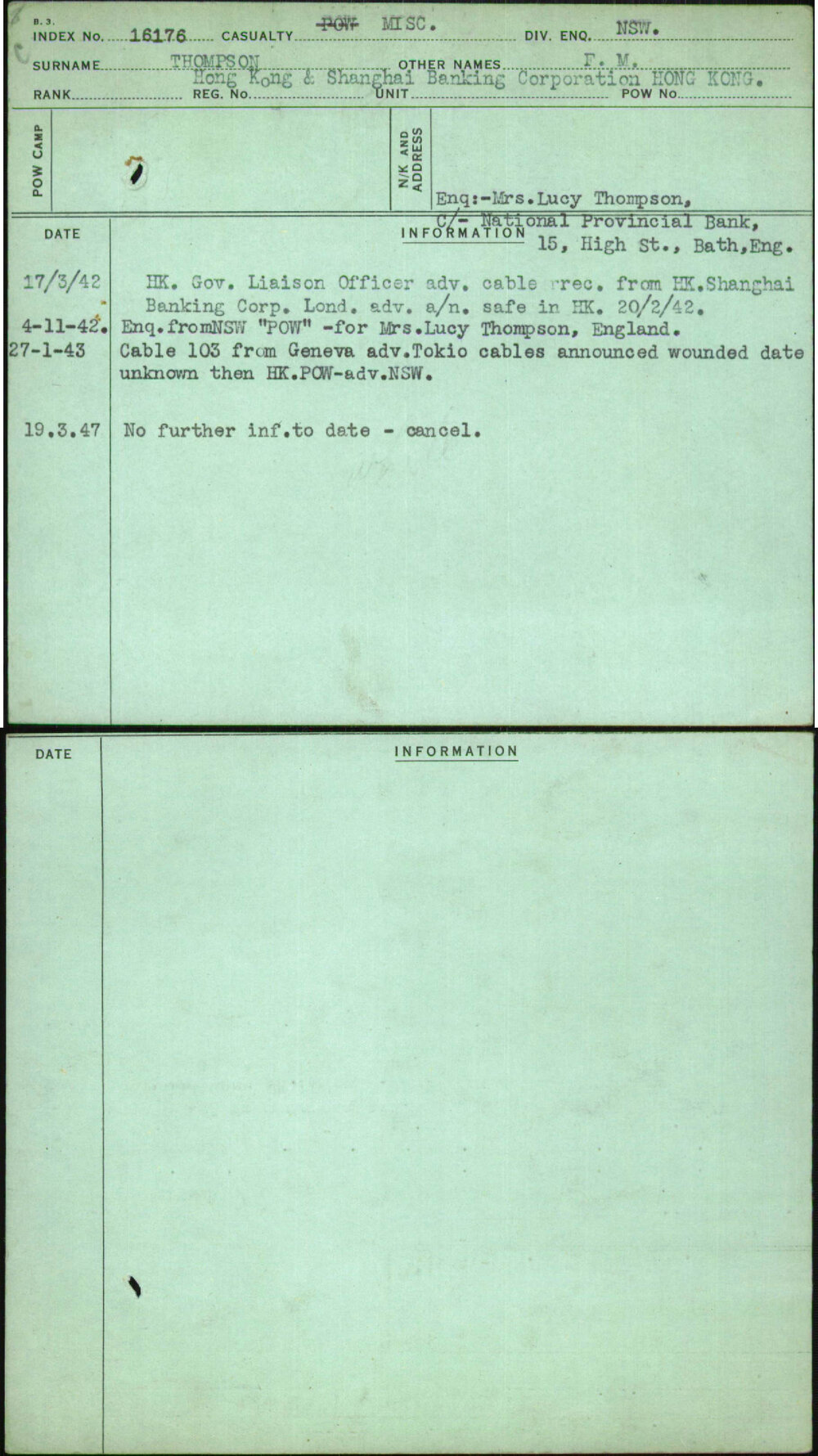 Thompson, F M, [No Service Number]