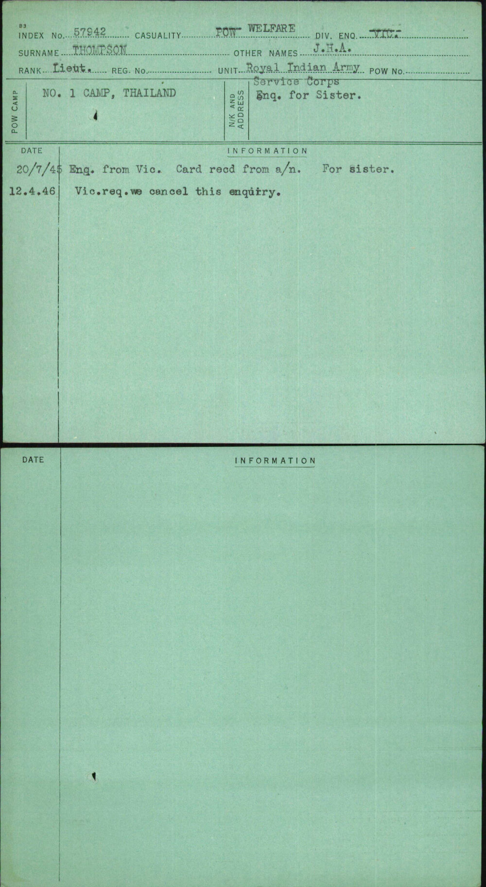 Thompson, J H A, [No Service Number]