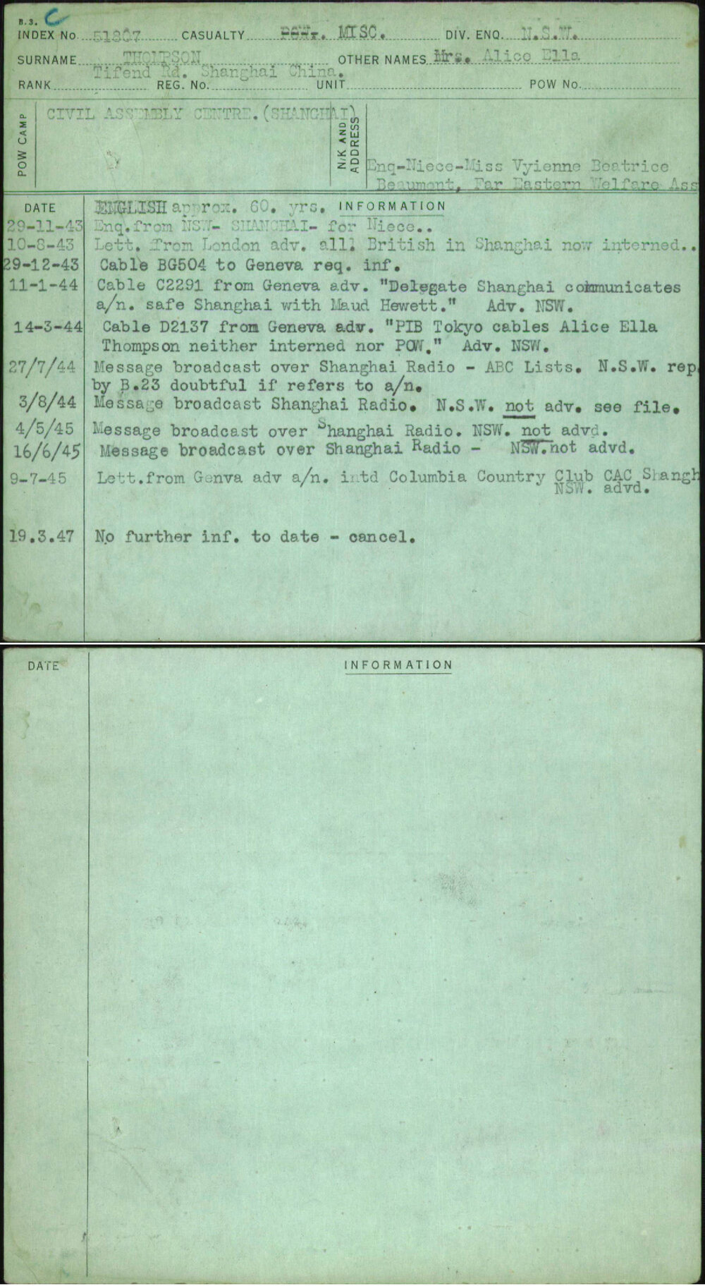 Thompson, Mrs Alice Ella, [No Service Number]