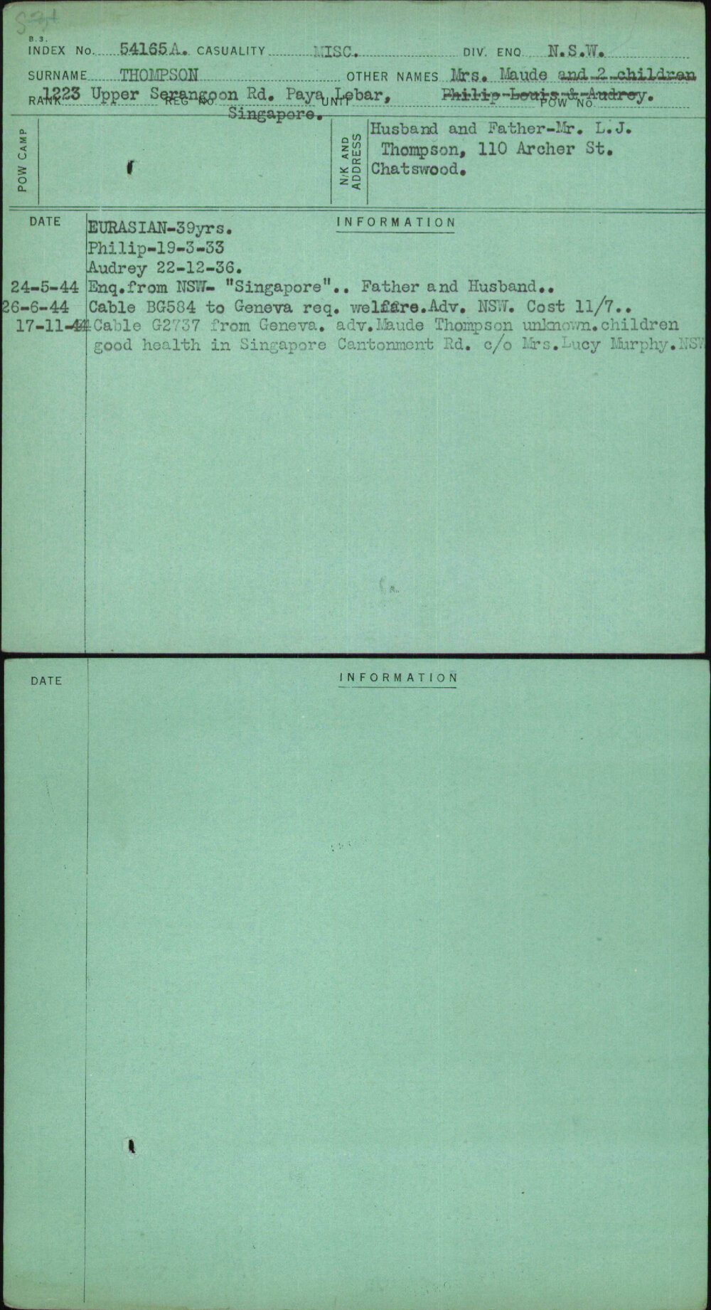Thompson, Mrs Maude, [No Service Number]