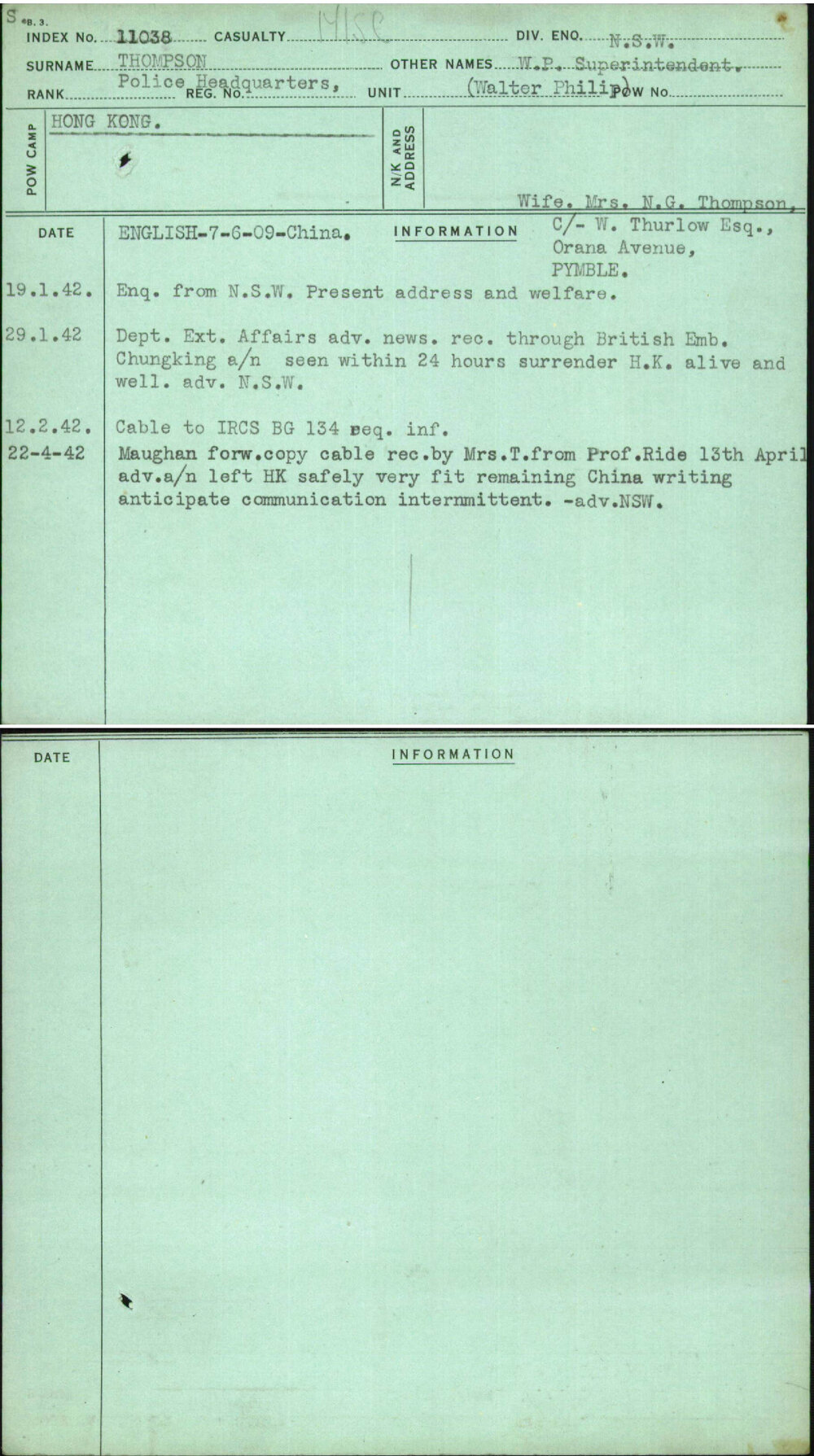 Thompson, W P Superintendent, [No Service Number]