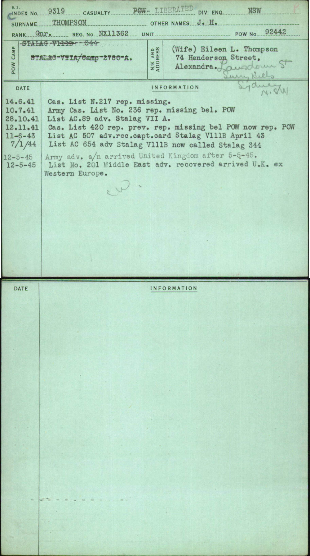 Thompson, J H, NX11362