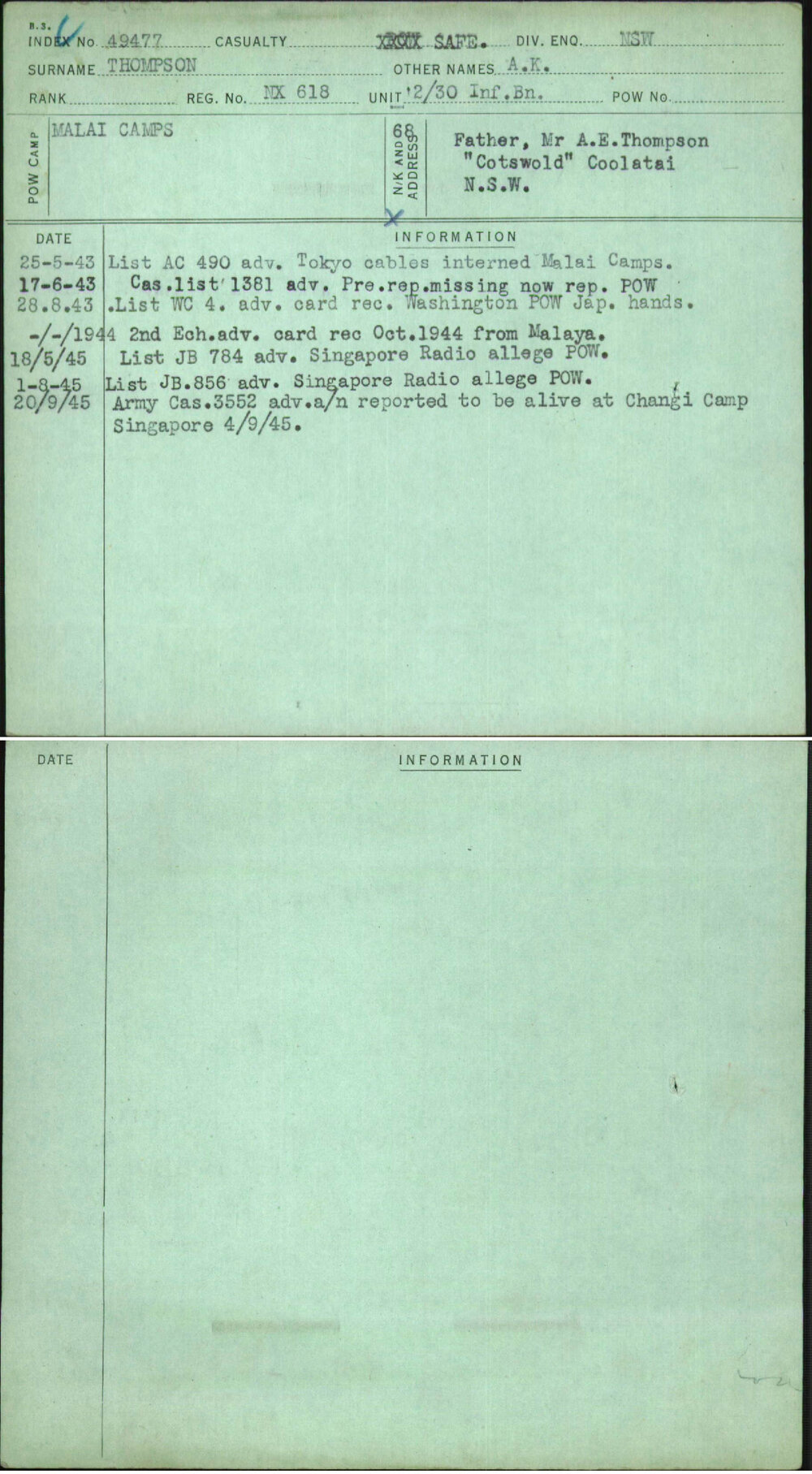 Thompson, A K, NX618