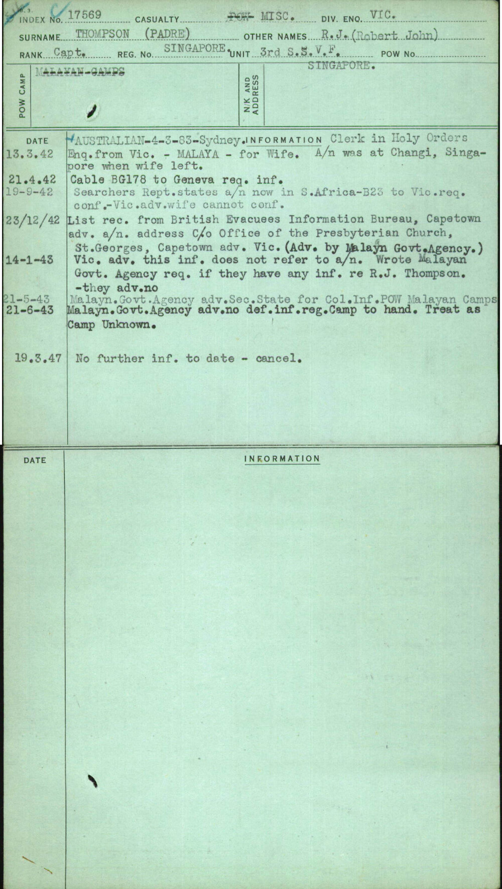 Thompson (Padre), R J (Robert John), Singapore