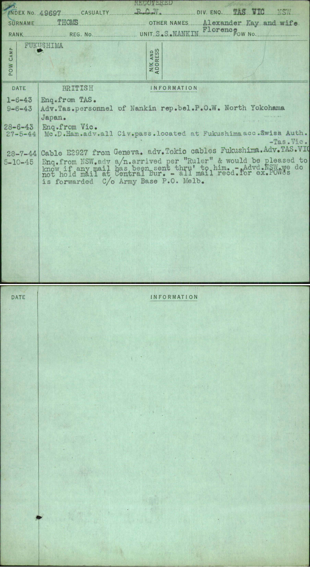 Thoms, Alexander Kay And Wife Florence, [No Service Number]