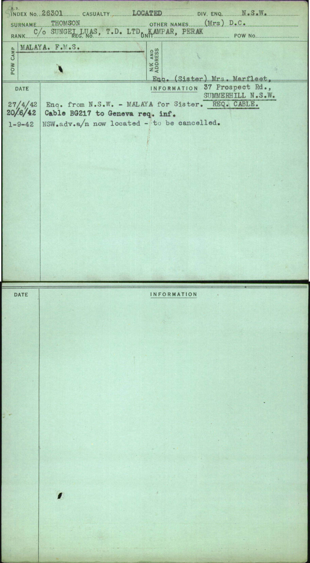 Thomson, (Mrs) D C, [No Service Number]