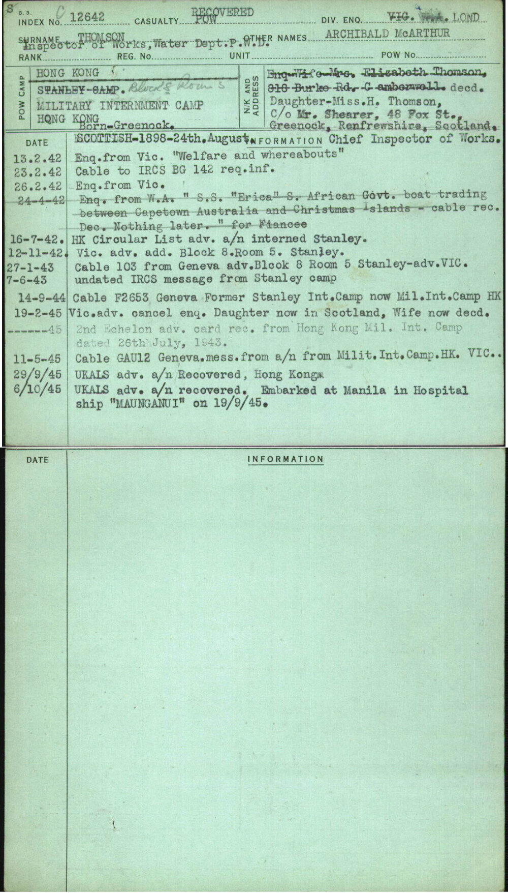 Thomson, Archibald Mcarthur, [No Service Number]