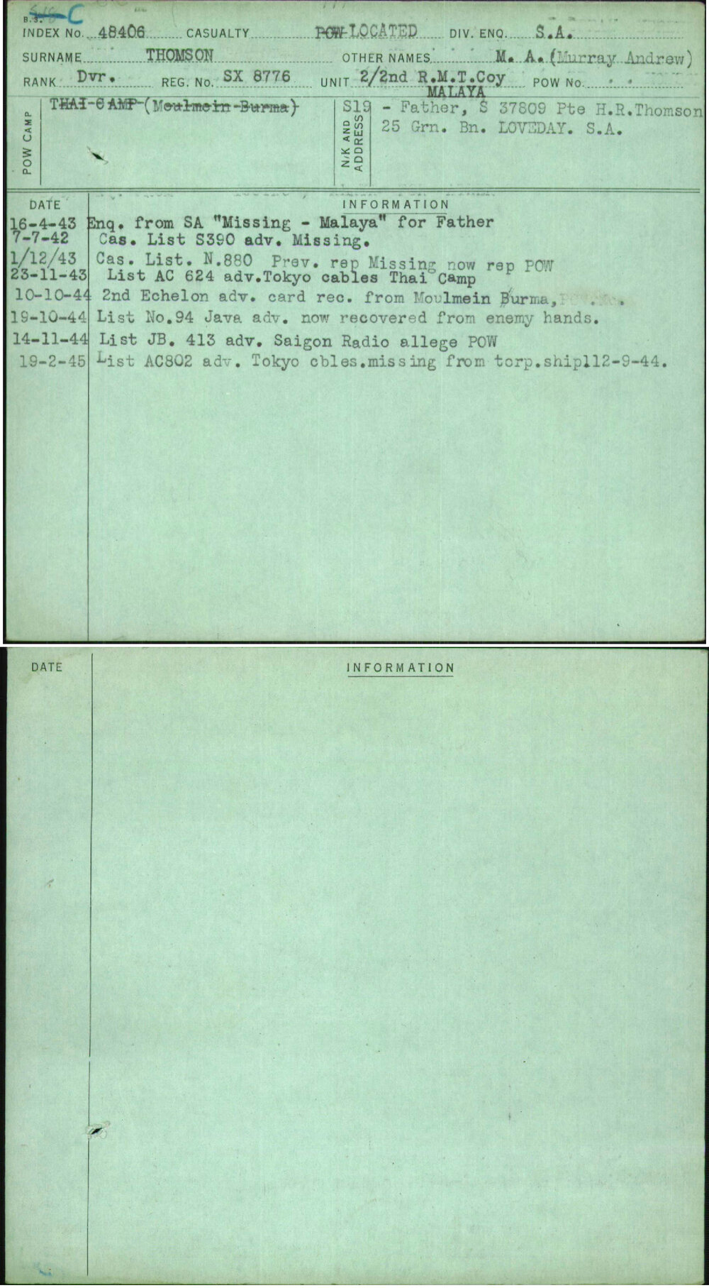 Thomson, M A (Murray Andrew), SX8776