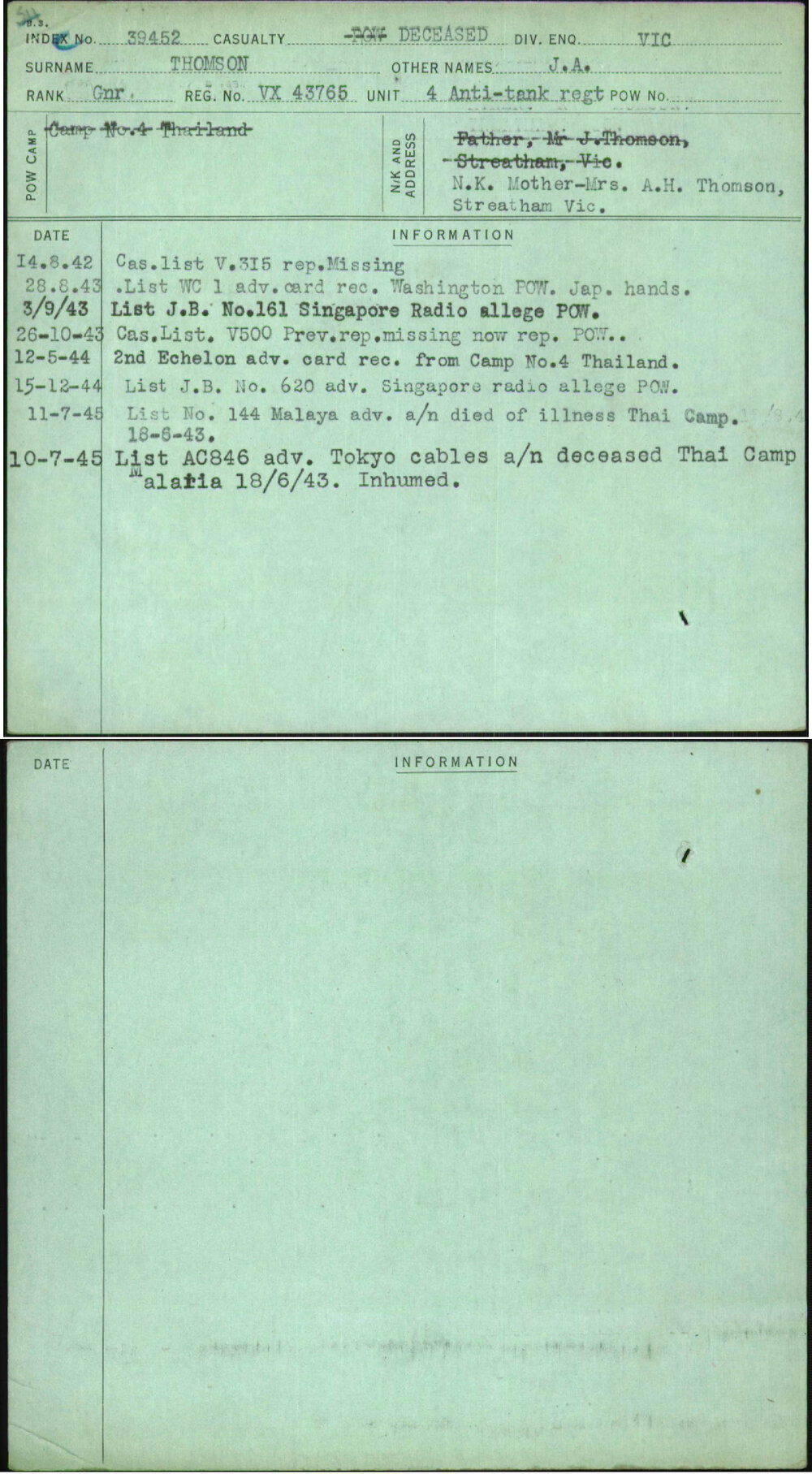 Thomson, J A, VX43765