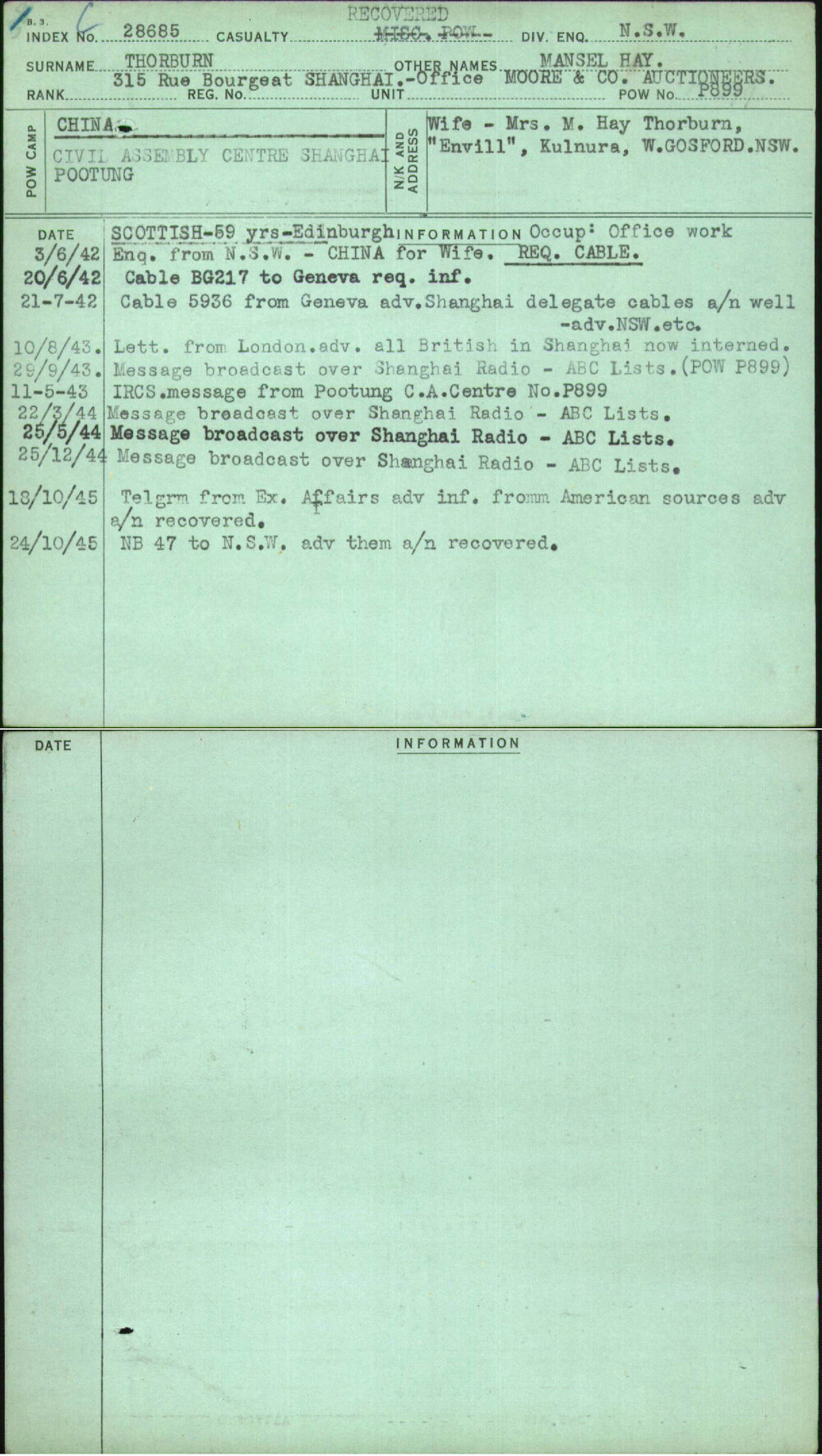 Thorburn, Mansel Hay, [No Service Number]