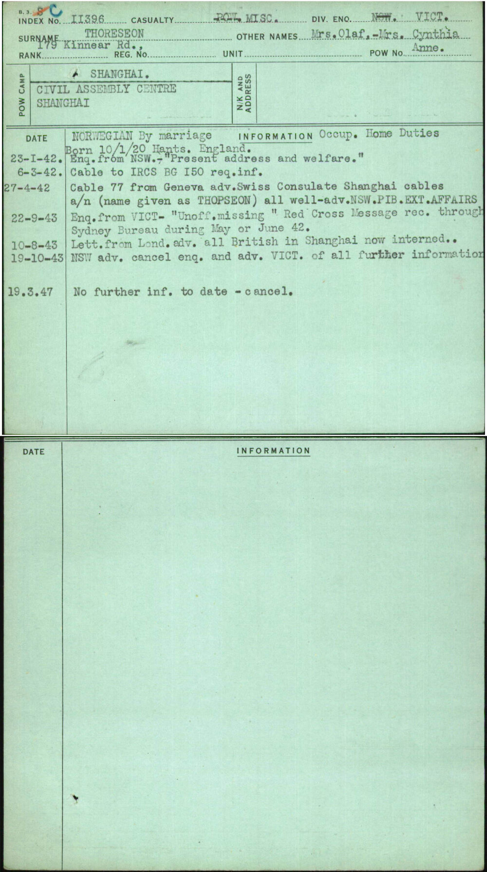 Thoreseon, Mrs Olaf-Mrs Cynthia, [No Service Number]