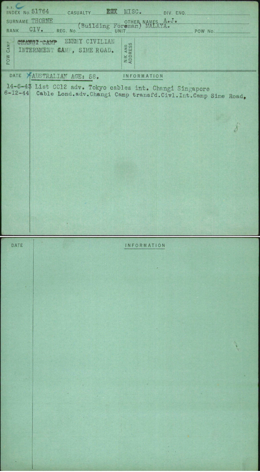 Thorne, A J, [No Service Number]