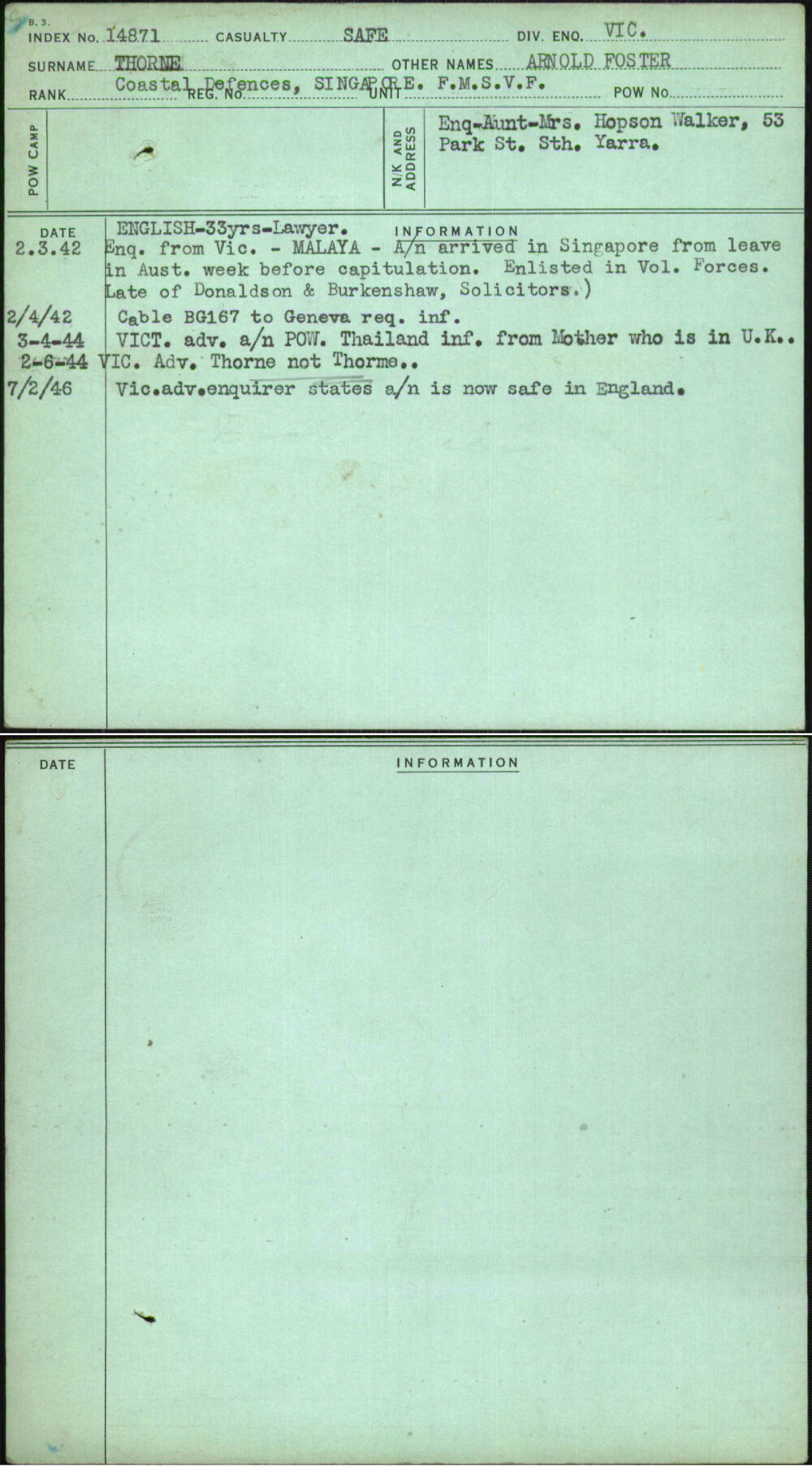 Thorne, Arnold Foster, [No Service Number]