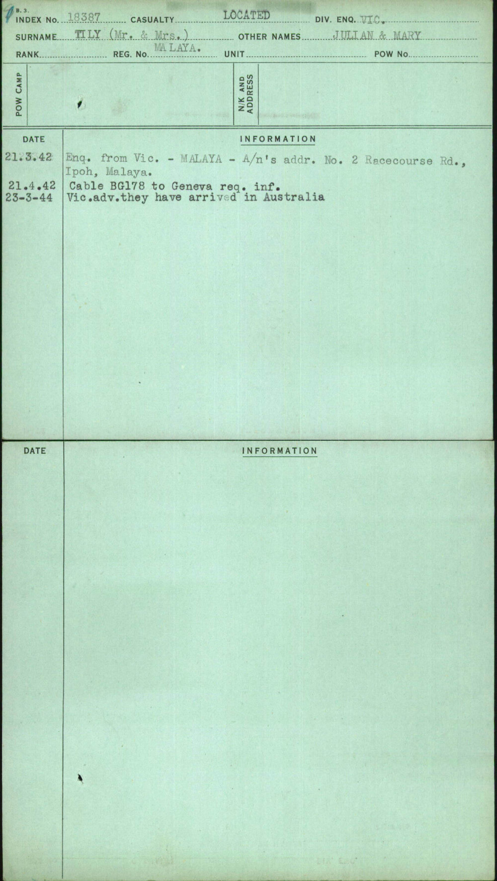 Tily (Mr &amp; Mrs), Julian &amp; Mary, Malaya