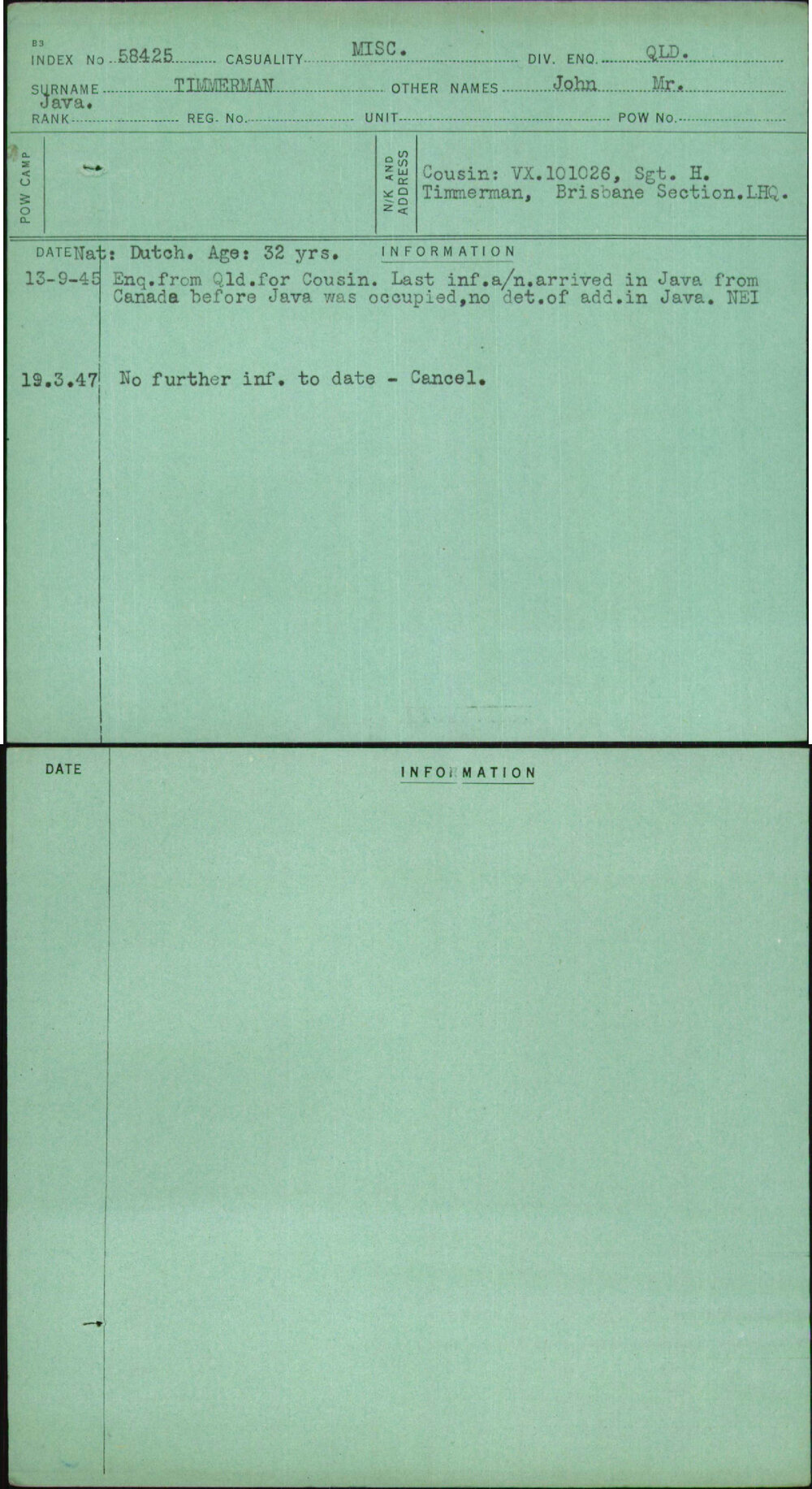 Timmerman, John Mr, [No Service Number]