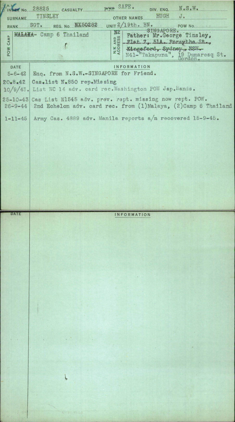 Tinsley, Hugh J, NX50282