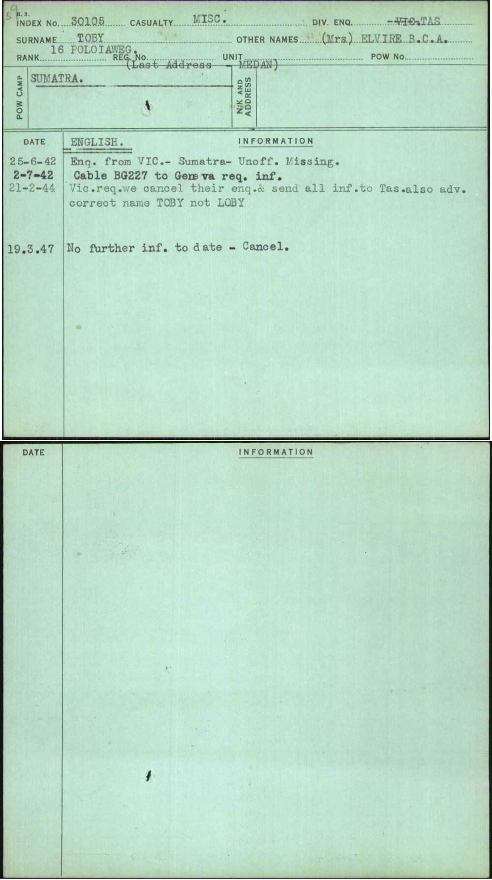 Toby, (Mrs) Elvire B C A, [No Service Number]