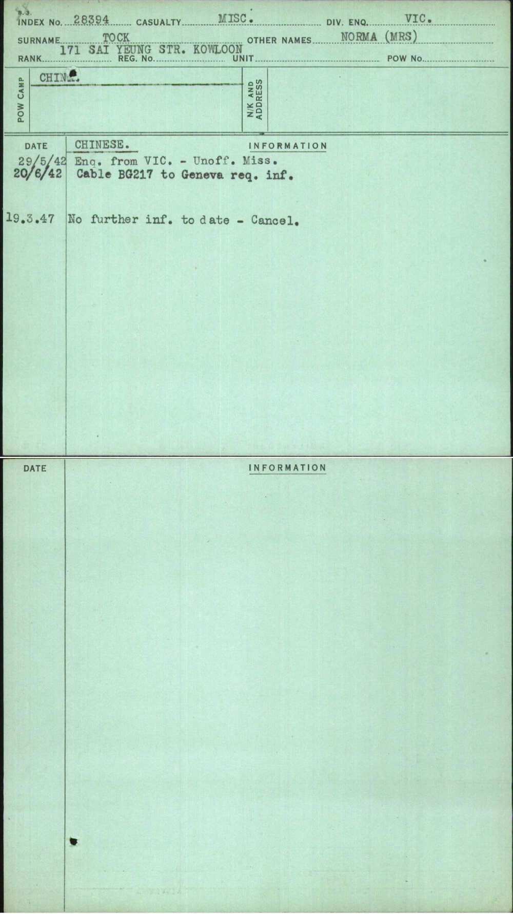 Tock, Norma (Mrs), [No Service Number]