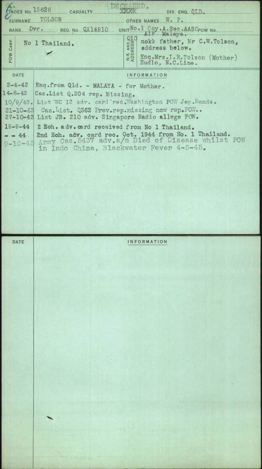 Tolson, W P, QX14910