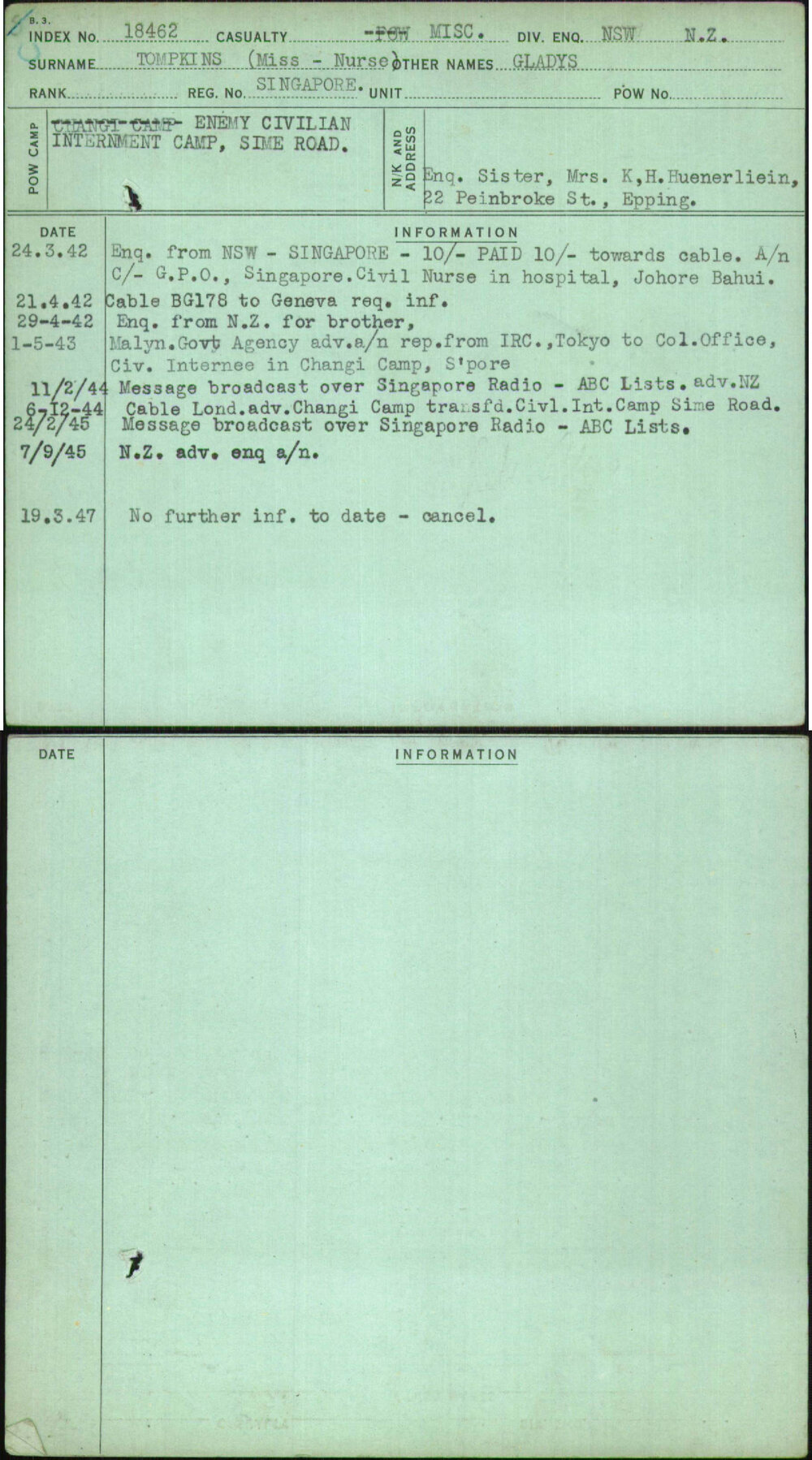 Tompkins (Miss - Nurse), Gladys, Singapore