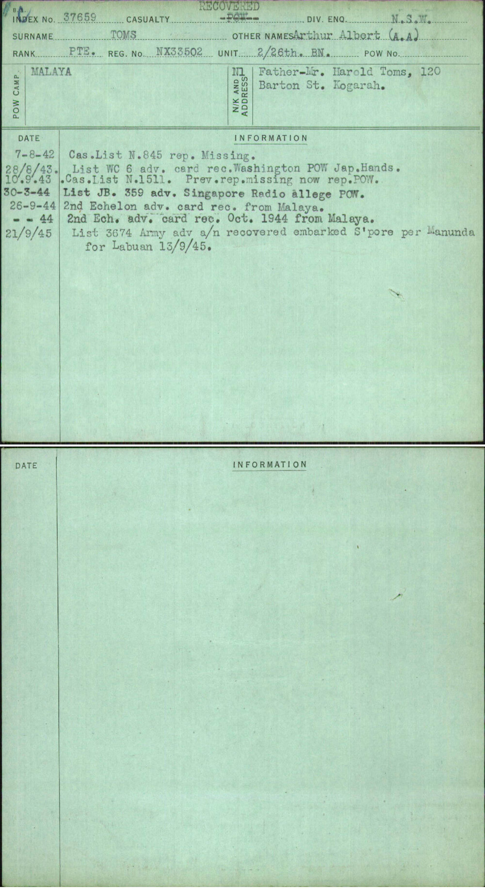 Toms, Arthur Albert (A A), NX33502