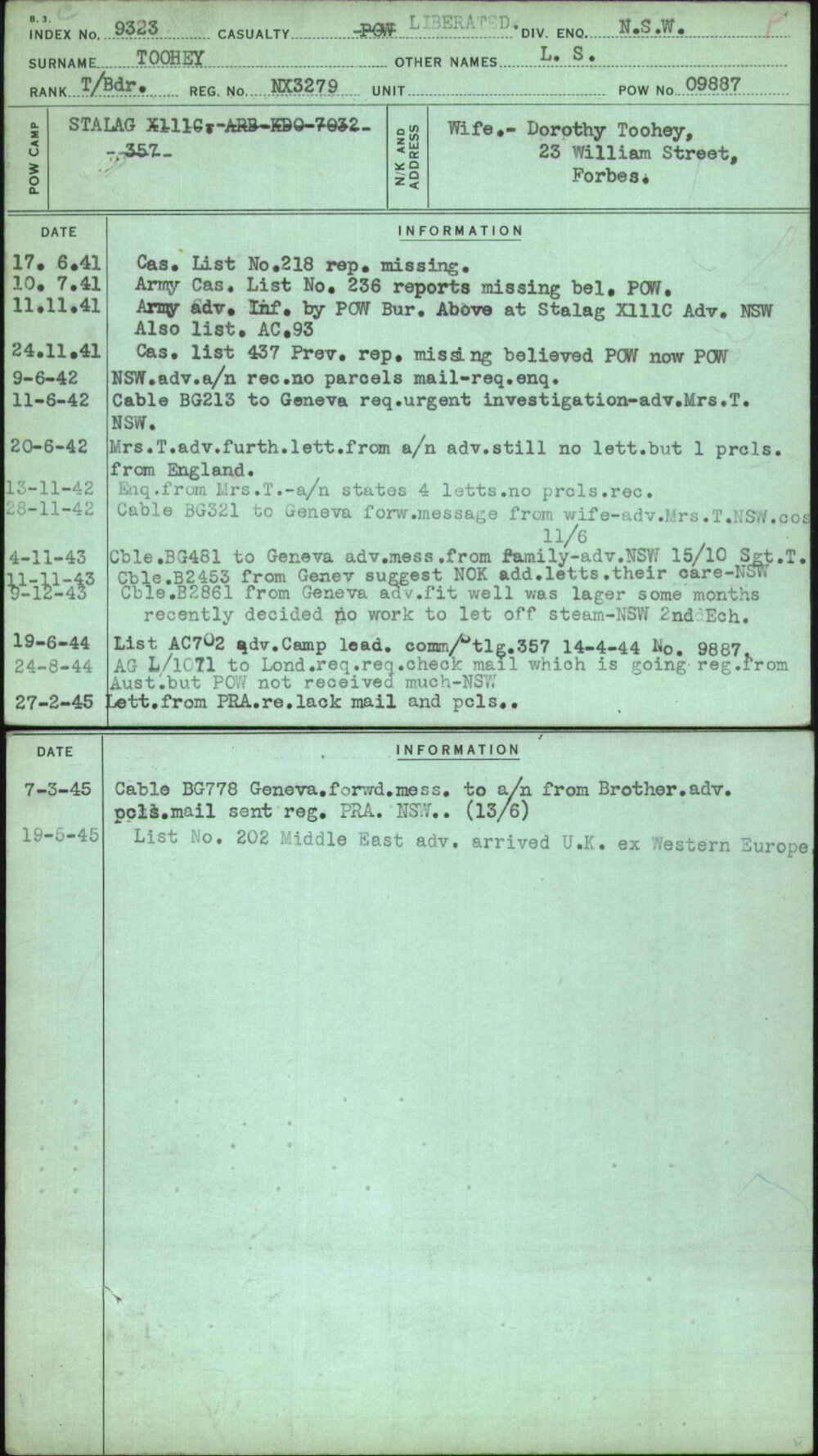 Toohey, L S, NX3279