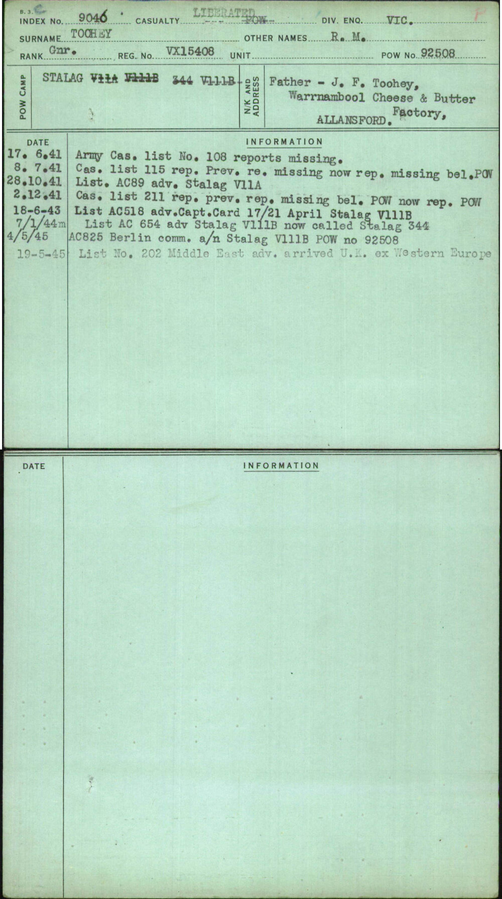 Toohey, R M, VX15408