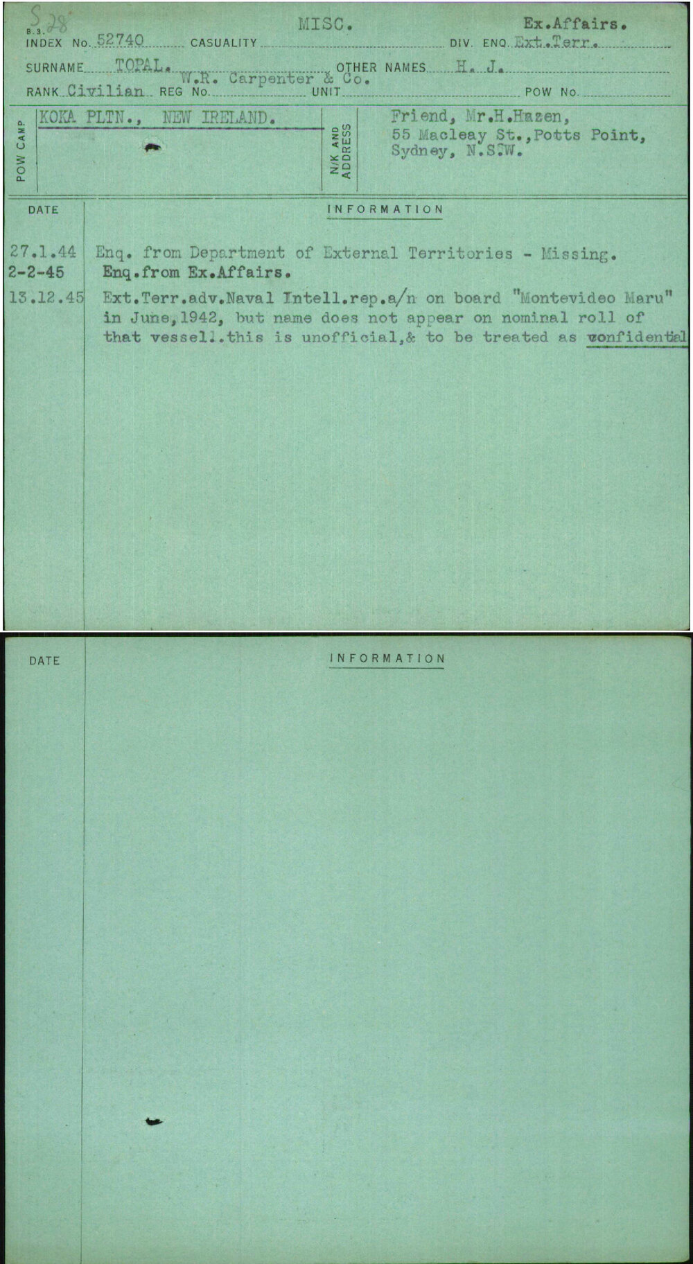 Topal, H J, [No Service Number]