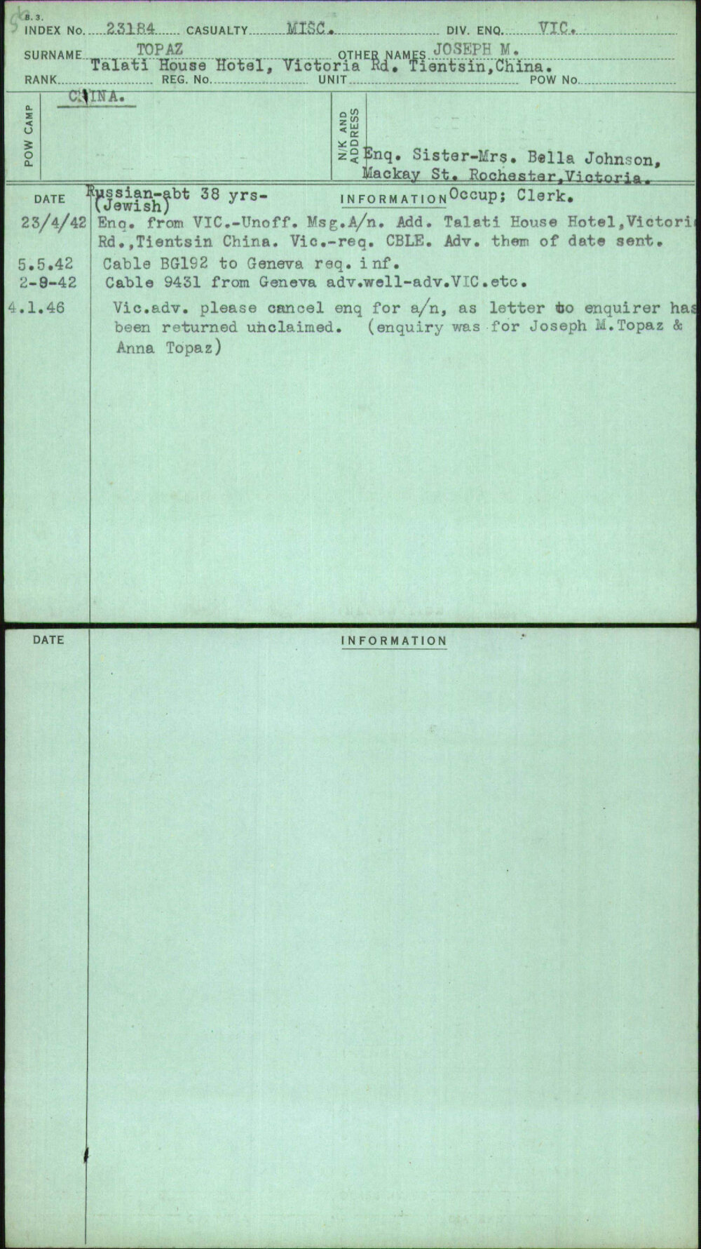 Topaz, Joseph M, [No Service Number]