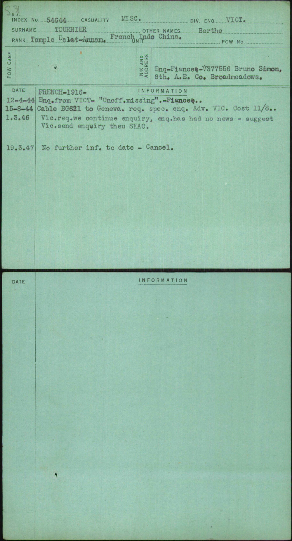Tournier, Berthe, [No Service Number]