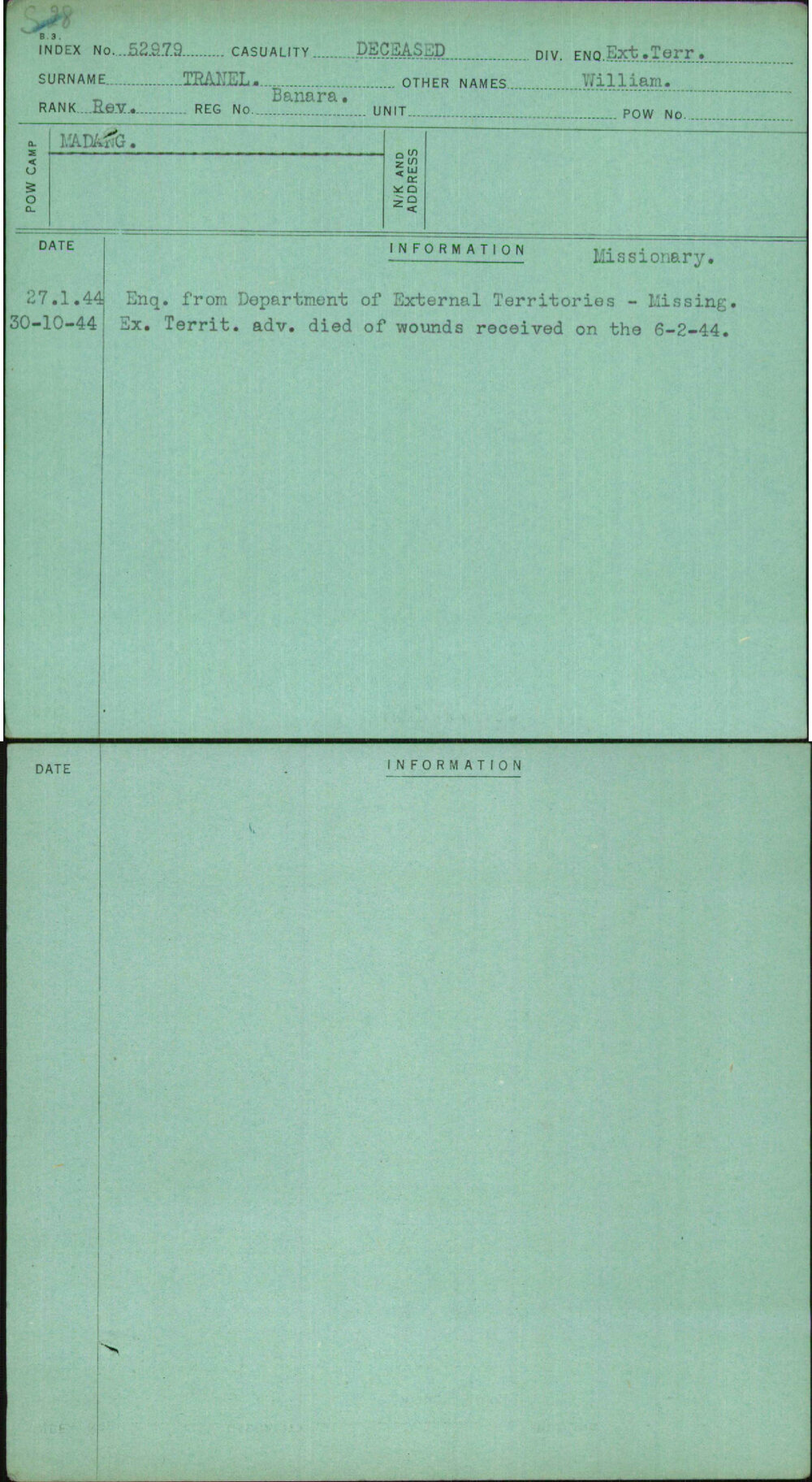 Tranel, William, Banara