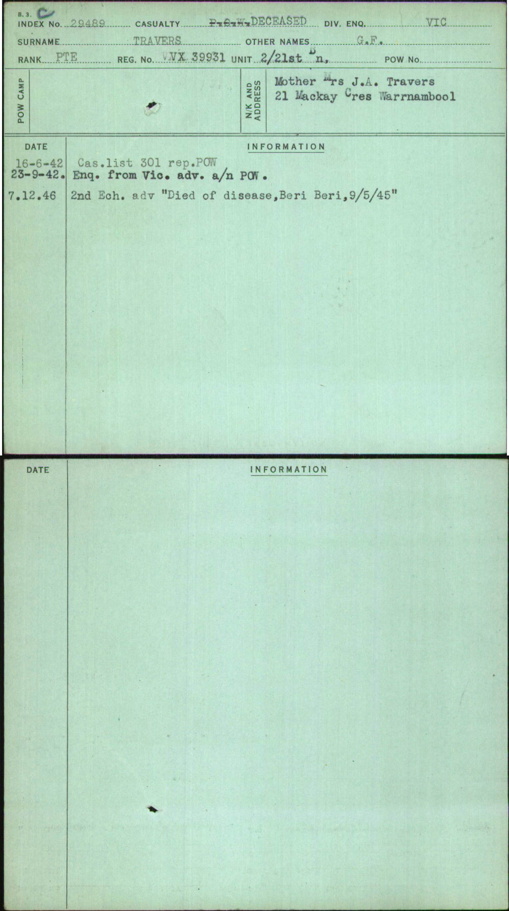 Travers, G F, VX39931