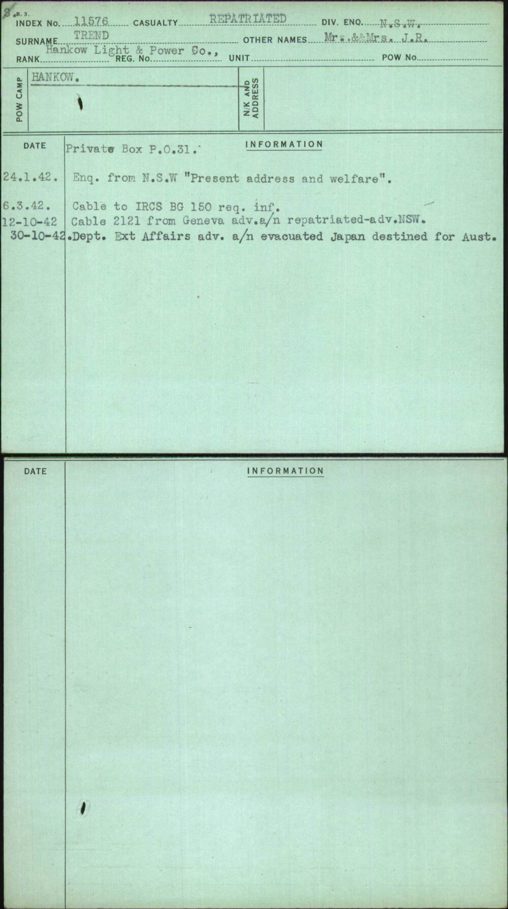 Trend, Mr &amp; Mrs J R, [No Service Number]