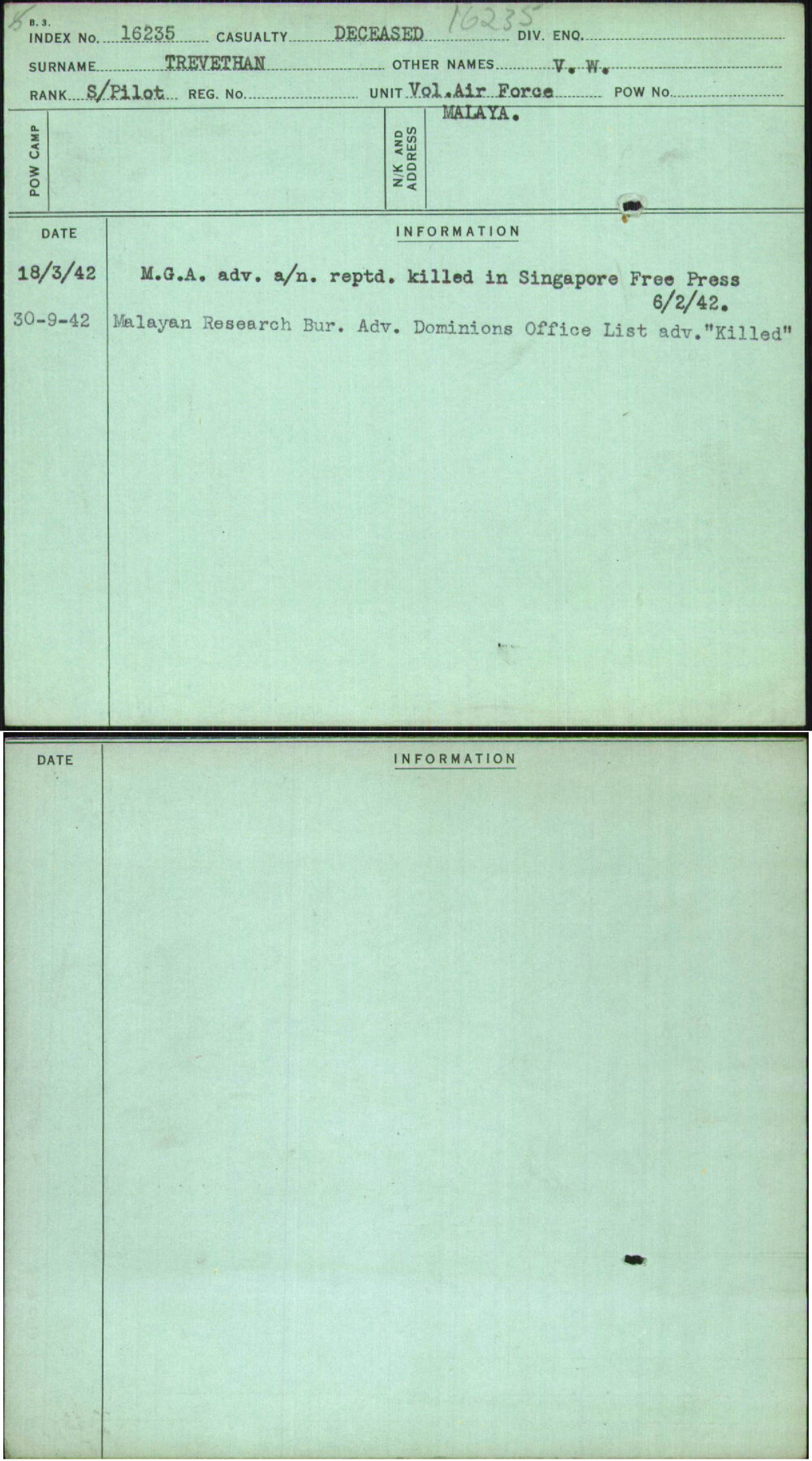 Trevethan, V W, [No Service Number]