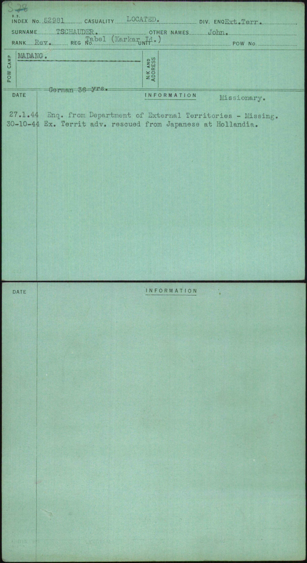 Tschauder, John, [No Service Number]